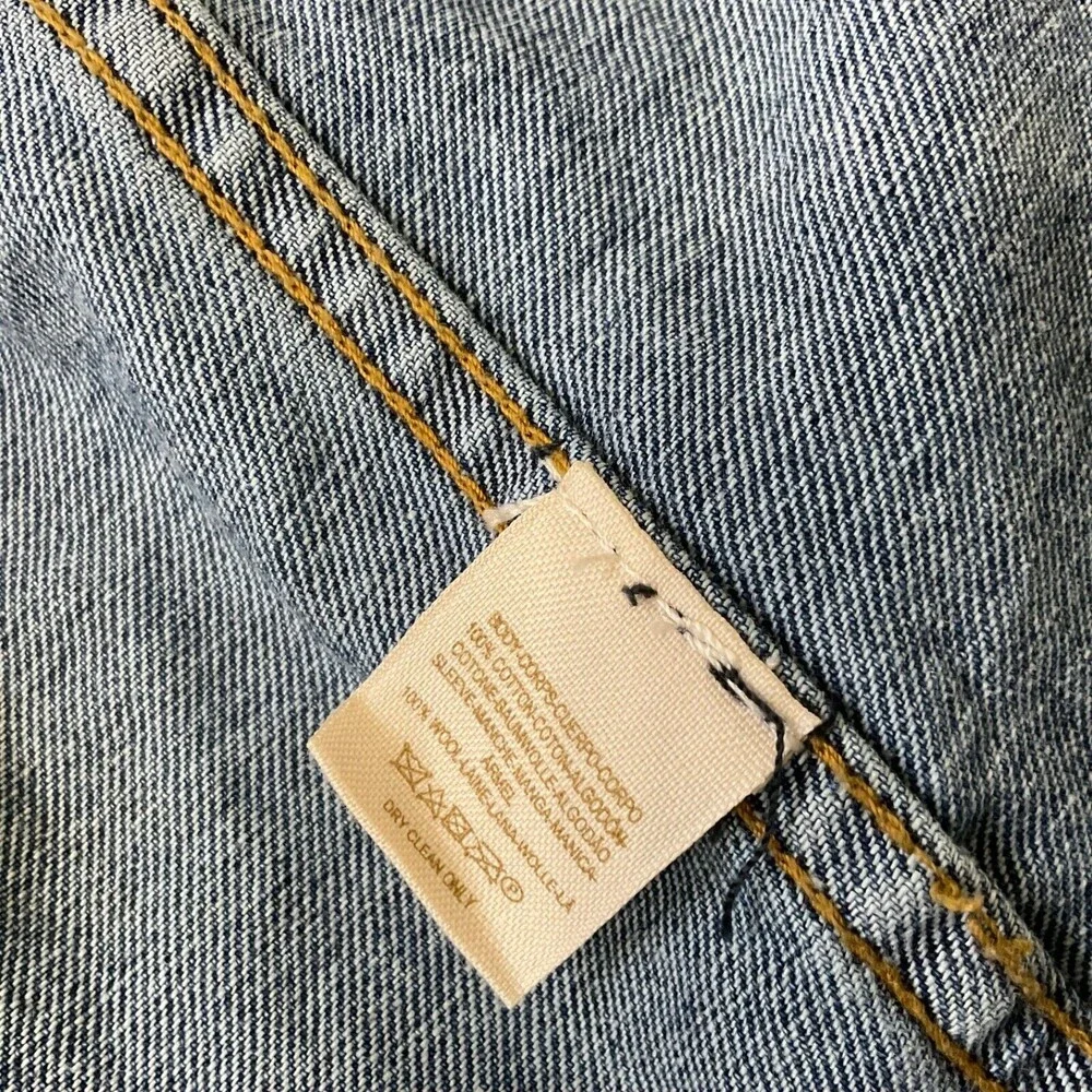 Free People Denim Jacket womens sz. XS Nordic wool Sweater Sleeves Distressed